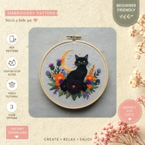 Main preview of midnight feline cat flower hand embroidery pattern showing cat, flower, floral, bouquet, and moon in a hand stitched hoop art design