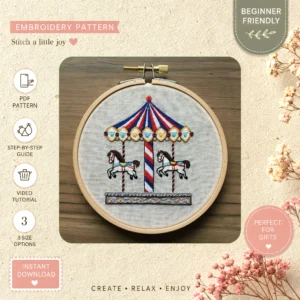 Main preview of miniature circus colorful tents hand embroidery pattern showing rainbow and home in a hand stitched hoop art design