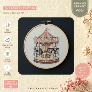 Main preview of miniature circus ringmaster animals hand embroidery pattern showing home in a hand stitched hoop art design