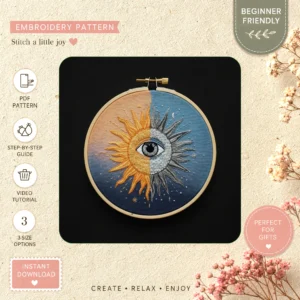 Main preview of moon sun eye celestial hand embroidery pattern showing moon, sun, and celestial in a hand stitched hoop art design