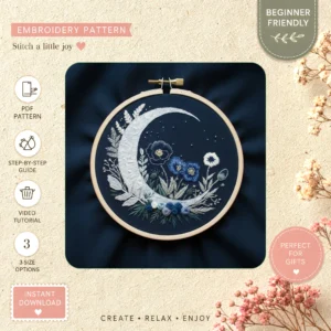 Main preview of moonlit floral nature inspired hand embroidery pattern showing floral, tree, trees, sky, and nature in a hand stitched hoop art design