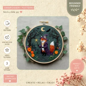 Main preview of moonlit fox magical moon hand embroidery pattern showing fox, moon, and stars in a hand stitched hoop art design