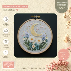 Main preview of moonlit garden floral night hand embroidery pattern showing flowers, floral, garden, sky, and nature in a hand stitched hoop art design