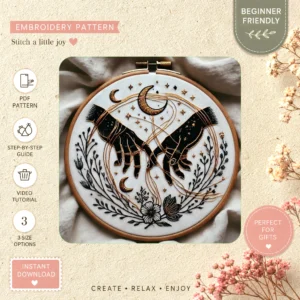 Main preview of moonlit nature captivating hands hand embroidery pattern showing flowers and nature in a hand stitched hoop art design