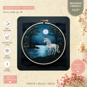 Main preview of moonlit unicorn enchanting horse hand embroidery pattern showing horse, unicorn, and river in a hand stitched hoop art design