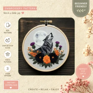 Main preview of moonlit wolf nighttime florals hand embroidery pattern showing wolf, flowers, sky, nature, and stars in a hand stitched hoop art design
