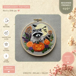 Main preview of moonlit woodland enchanting nighttime hand embroidery pattern showing leaves, woodland, nature, and home in a hand stitched hoop art design