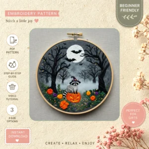 Main preview of moonlit wreath magical pine hand embroidery pattern showing wreath in a hand stitched hoop art design