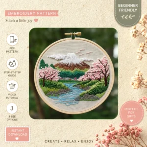 Main preview of mossy mountain tranquil waterfall hand embroidery pattern showing mountain, forest, waterfall, and nature in a hand stitched hoop art design