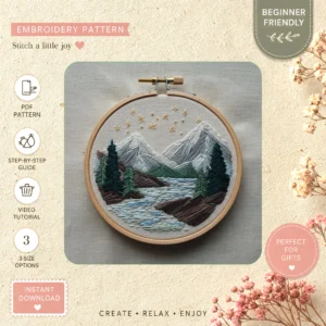 Main preview of mountain meadow scenic nature hand embroidery pattern showing mountain, landscape, meadow, and nature in a hand stitched hoop art design
