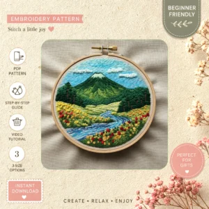 Main preview of mountain meadow scenic pastoral hand embroidery pattern showing birds, deer, wildflowers, mountain, and landscape in a hand stitched hoop art design