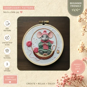 Main preview of mouse free knitting cozy hand embroidery pattern showing mouse, flowers, garden, cottage, and nature in a hand stitched hoop art design