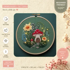 Main preview of mushroom cottage whimsical pastoral hand embroidery pattern showing flowers, garden, cottage, and nature in a hand stitched hoop art design
