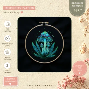 Main preview of mushroom floral nature's whispers hand embroidery pattern showing floral, nature, and home in a hand stitched hoop art design