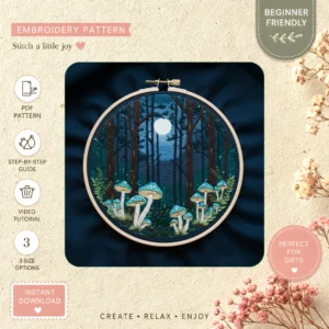 Main preview of mushroom forest nature's captures hand embroidery pattern showing forest in a hand stitched hoop art design