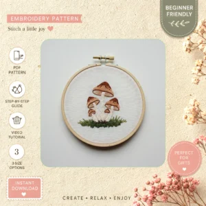 Main preview of mushroom nature inspired depicts hand embroidery pattern showing nature and home in a hand stitched hoop art design