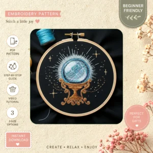 Main preview of mystical orbit cosmic astrological hand embroidery pattern showing stars, celestial, and constellation in a hand stitched hoop art design