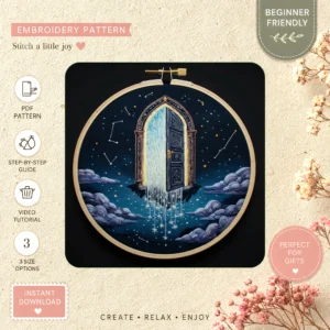 Main preview of mystical whimsical doorway waterfall hand embroidery pattern showing waterfall, nature, stars, and home in a hand stitched hoop art design