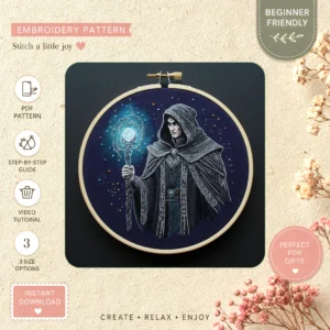 Main preview of mystical wizard intricate details hand embroidery pattern showing mystical wizard intricate details in a hand stitched hoop art design