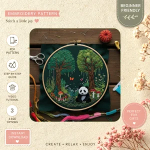 Main preview of nature garden butterflies panda hand embroidery pattern showing panda, bear, butterflies, flowers, and garden in a hand stitched hoop art design