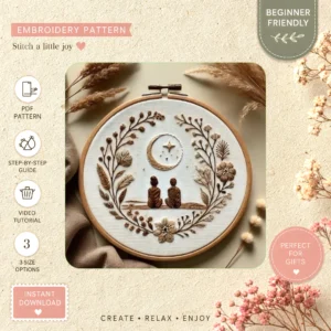 Main preview of nature inspired bird crescent hand embroidery pattern showing bird, tree, nature, moon, and crescent in a hand stitched hoop art design