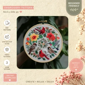 Main preview of nature inspired flock birds hand embroidery pattern showing birds, flowers, and nature in a hand stitched hoop art design