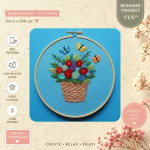 Main preview of nature inspired floral bouquet butterfly hand embroidery pattern showing butterfly, flowers, floral, bouquet, and roses in a hand stitched hoop art design