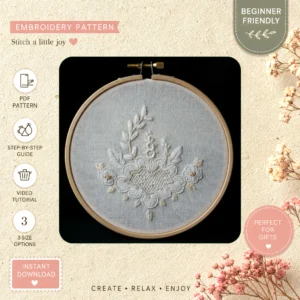 Main preview of nature inspired floral leaf hand embroidery pattern showing floral, leaf, leaves, nature, and home in a hand stitched hoop art design
