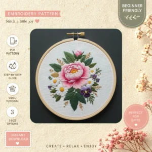 Main preview of nature inspired floral pink hand embroidery pattern showing flowers, floral, leaves, and nature in a hand stitched hoop art design
