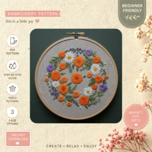 Main preview of nature inspired floral wreath hand embroidery pattern showing flowers, floral, wreath, foliage, and nature in a hand stitched hoop art design