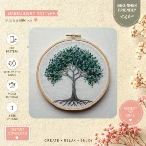 Main preview of nature inspired flower tree hand embroidery pattern showing bird, flower, flowers, leaves, and tree in a hand stitched hoop art design