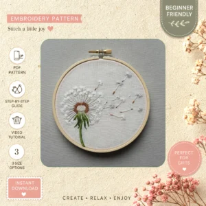 Main preview of nature inspired flowering trees hand embroidery pattern showing birds, floral, daisies, sunflower, and trees in a hand stitched hoop art design
