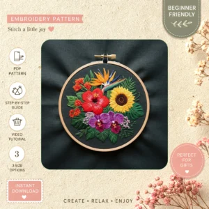Main preview of nature inspired flowers birds hand embroidery pattern showing birds, flowers, sunflower, and nature in a hand stitched hoop art design