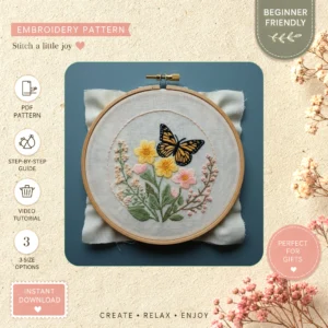 Main preview of nature inspired fluffy butters hand embroidery pattern showing flowers and nature in a hand stitched hoop art design