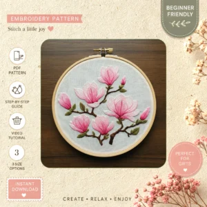 Main preview of nature inspired pink flower hand embroidery pattern showing flower, flowers, floral, nature, and home in a hand stitched hoop art design