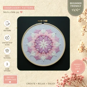 Main preview of nature inspired purple flowers hand embroidery pattern showing flowers, floral, leaves, and nature in a hand stitched hoop art design