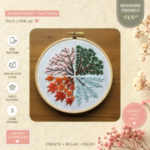 Main preview of nature inspired seasonal tree hand embroidery pattern showing flowers, leaves, tree, trees, and nature in a hand stitched hoop art design