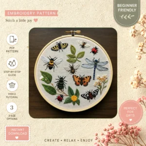 Main preview of nature inspired serene flowers hand embroidery pattern showing butterflies, bees, flowers, floral, and nature in a hand stitched hoop art design