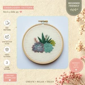 Main preview of nature inspired serene garden flowers hand embroidery pattern showing flowers, wildflowers, garden, cottage, and nature in a hand stitched hoop art design