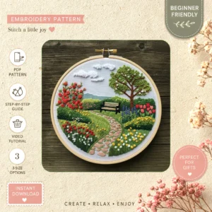 Main preview of nature inspired serene garden hand embroidery pattern showing flowers, garden, and nature in a hand stitched hoop art design