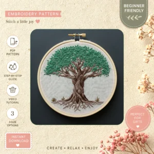 Main preview of nature inspired serene tree hand embroidery pattern showing tree and nature in a hand stitched hoop art design