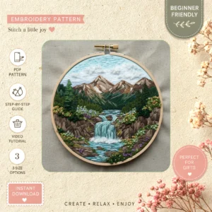 Main preview of nature inspired serene woodland hand embroidery pattern showing mountain, mountains, landscape, woodland, and trees in a hand stitched hoop art design