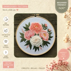 Main preview of nature inspired three peonies hand embroidery pattern showing peonies, nature, and home in a hand stitched hoop art design