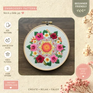Main preview of nature inspired vibrant floral hand embroidery pattern showing flowers, floral, blossoms, leaf, and leaves in a hand stitched hoop art design
