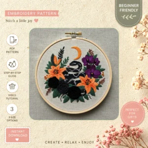 Main preview of nature inspired whimsical flowers hand embroidery pattern showing birds, flowers, floral, foliage, and cottage in a hand stitched hoop art design