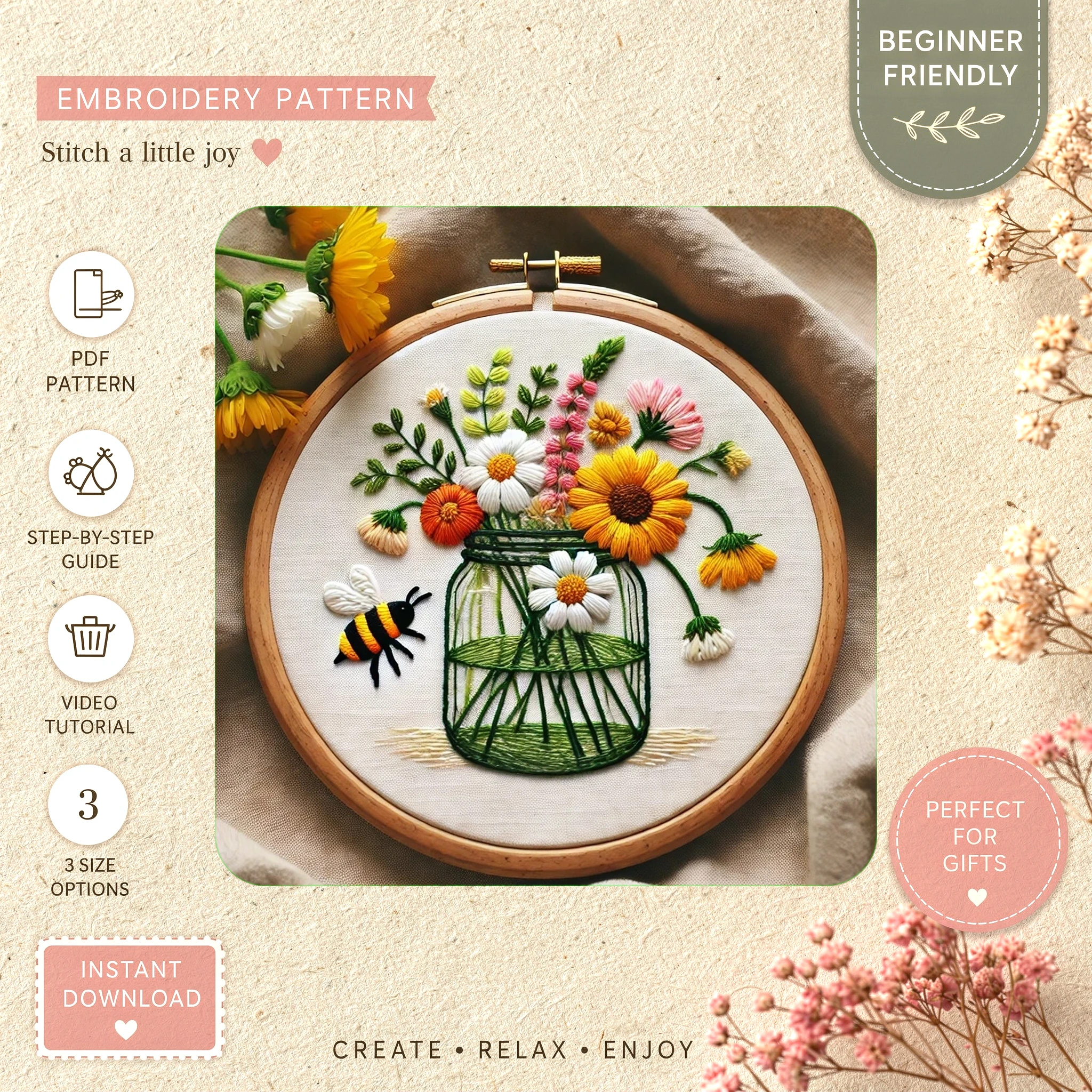 Main preview of nature's bounty flower jar hand embroidery pattern showing bird, butterflies, bee, bees, and flower in a hand stitched hoop art design