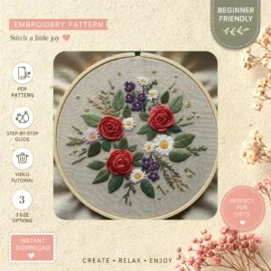 Main preview of nature's bouquet celebrate flowers hand embroidery pattern showing flowers, floral, bouquet, nature, and home in a hand stitched hoop art design