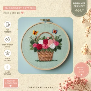 Main preview of nature's bouquet floral butterfly hand embroidery pattern showing butterfly, floral, bouquet, and home in a hand stitched hoop art design