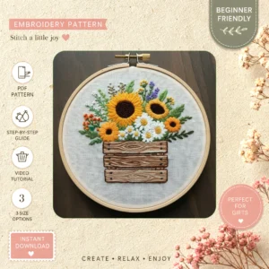 Main preview of nature's bouquet floral vase hand embroidery pattern showing floral, bouquet, daisies, and nature in a hand stitched hoop art design