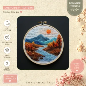 Main preview of nature's celebrate fall scenic hand embroidery pattern showing mountains, landscape, river, trees, and nature in a hand stitched hoop art design